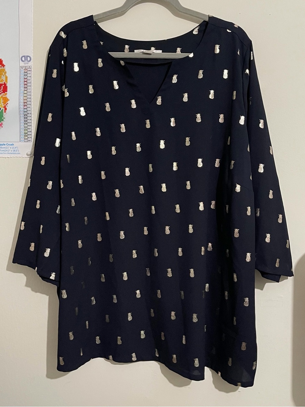 C&E Navy Tunic Top with Metallic Pineapple Print Size 3X